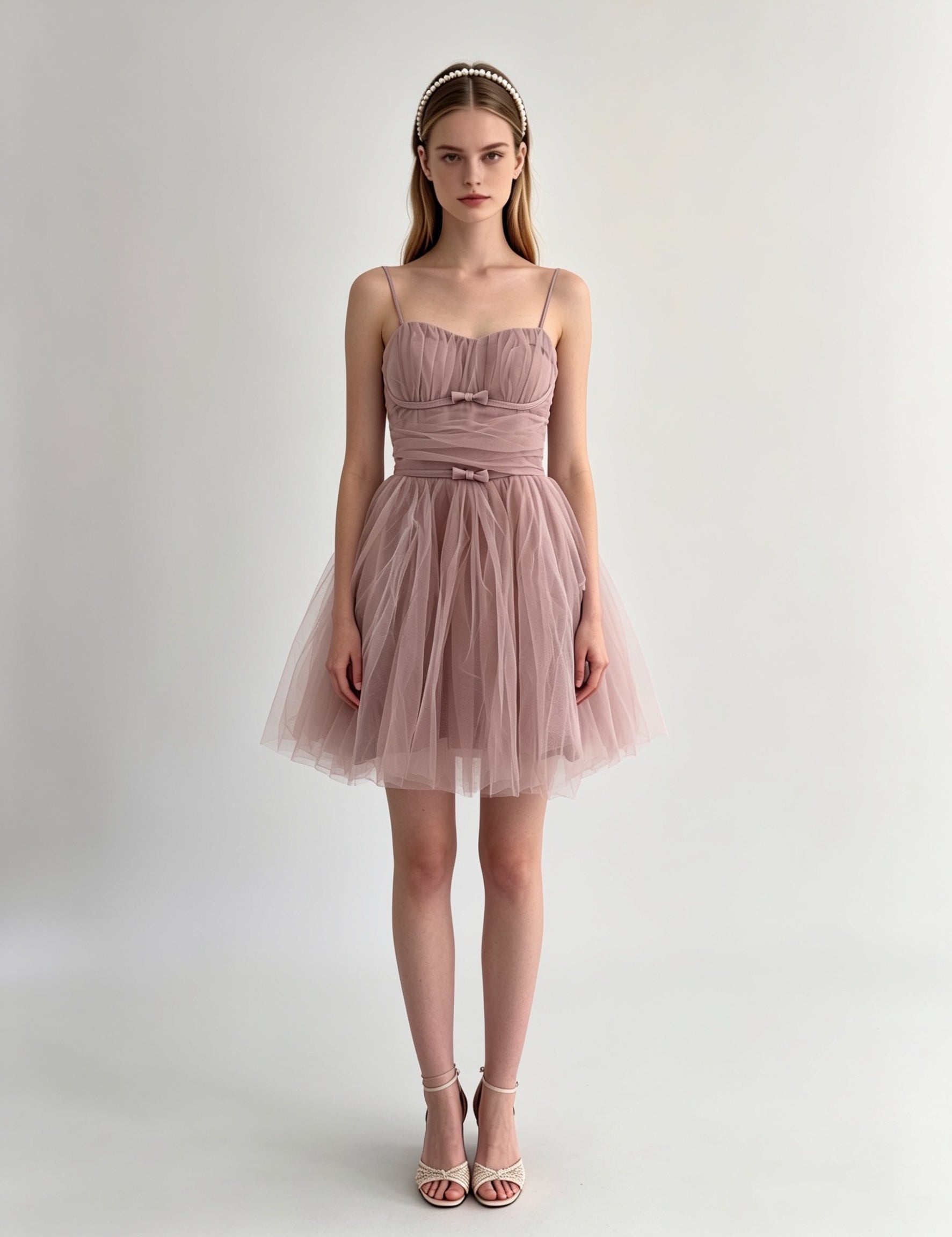 Ruched Double Bow Corset Tulle Mini Dress