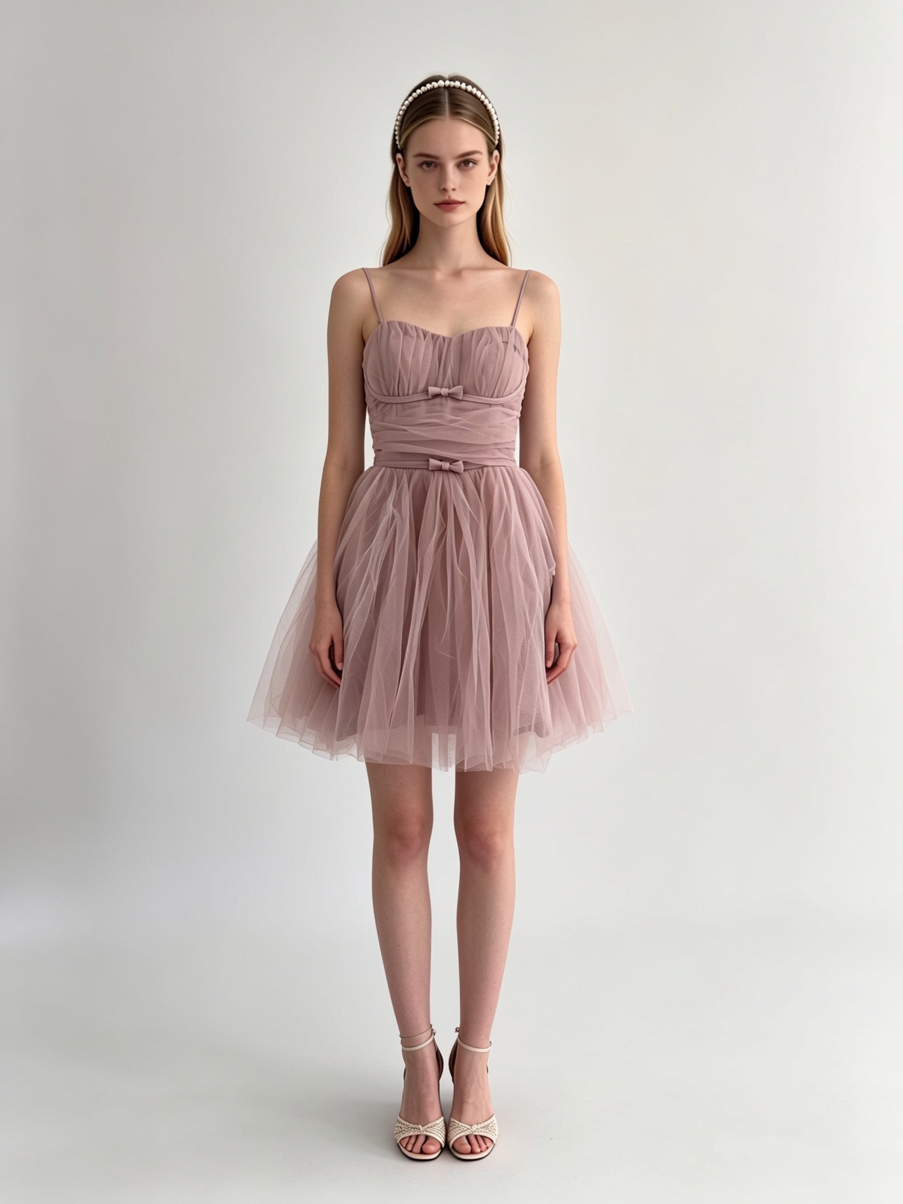 Ruched Double Bow Corset Tulle Mini Dress
