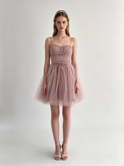 Ruched Double Bow Corset Tulle Mini Dress