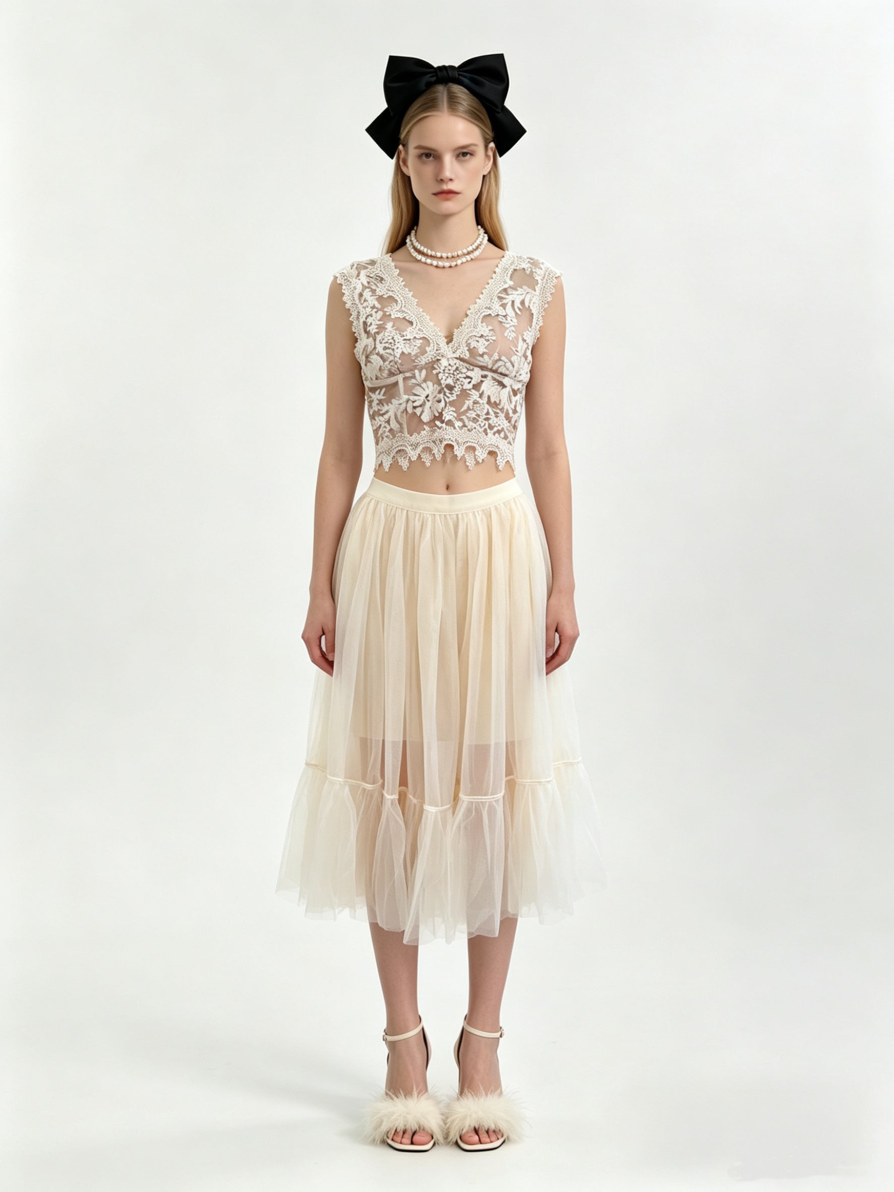 Ivory Floral Lace V-Neck Crop Top & Tiered Tulle Midi Skirt Set