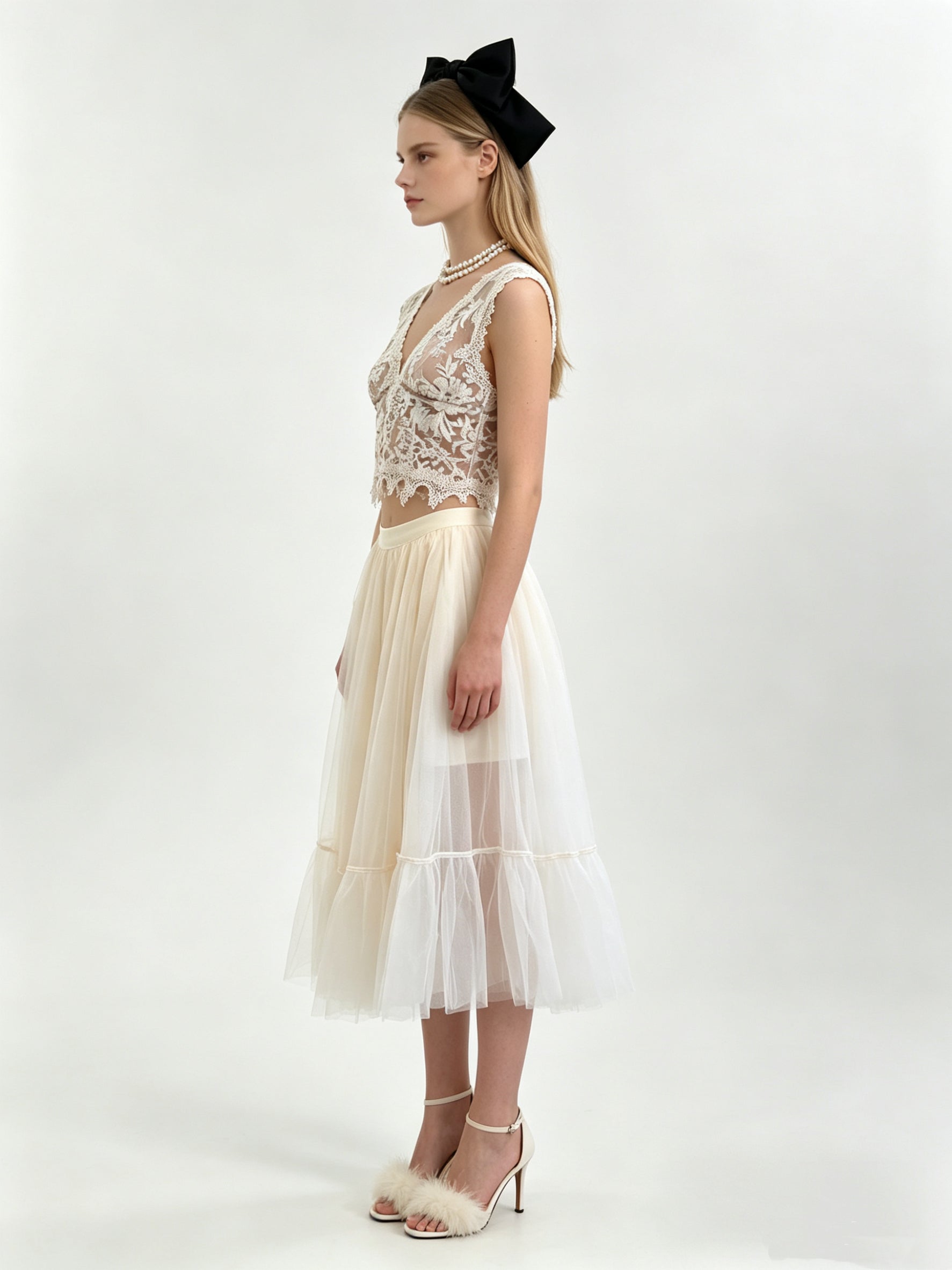 Ivory Floral Lace V-Neck Crop Top & Tiered Tulle Midi Skirt Set