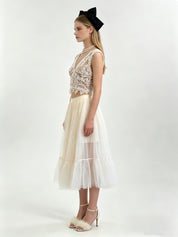 Ivory Floral Lace V-Neck Crop Top & Tiered Tulle Midi Skirt Set