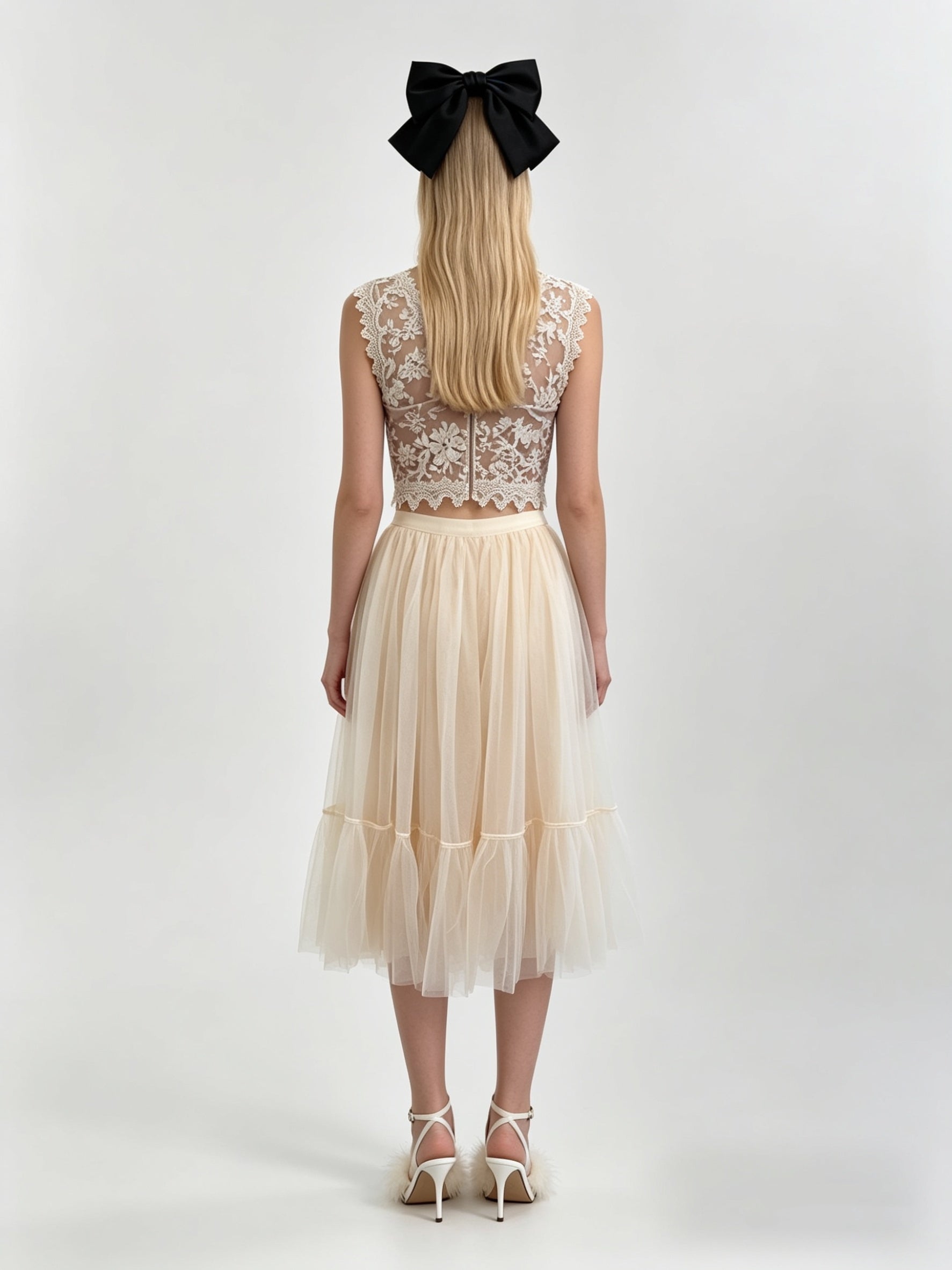 Ivory Floral Lace V-Neck Crop Top & Tiered Tulle Midi Skirt Set