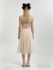 Ivory Floral Lace V-Neck Crop Top & Tiered Tulle Midi Skirt Set