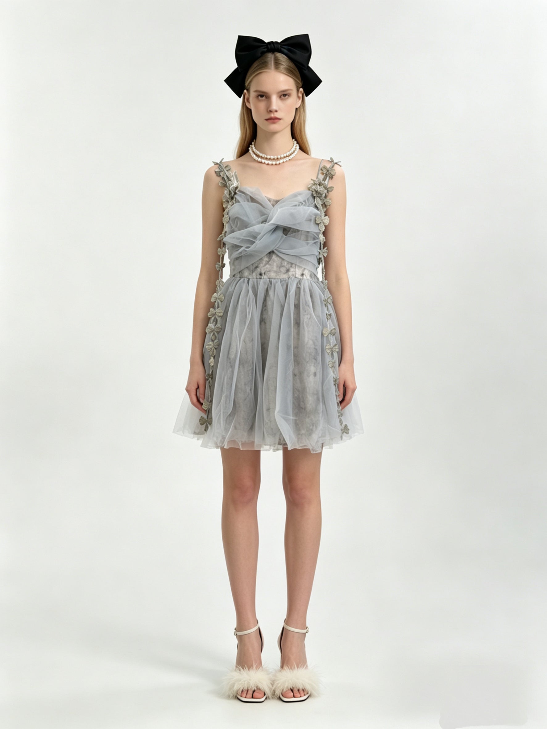 Dusty Blue 3D Floral Appliqué Ruched Bodice Tulle Mini Dress