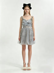 Dusty Blue 3D Floral Appliqué Ruched Bodice Tulle Mini Dress
