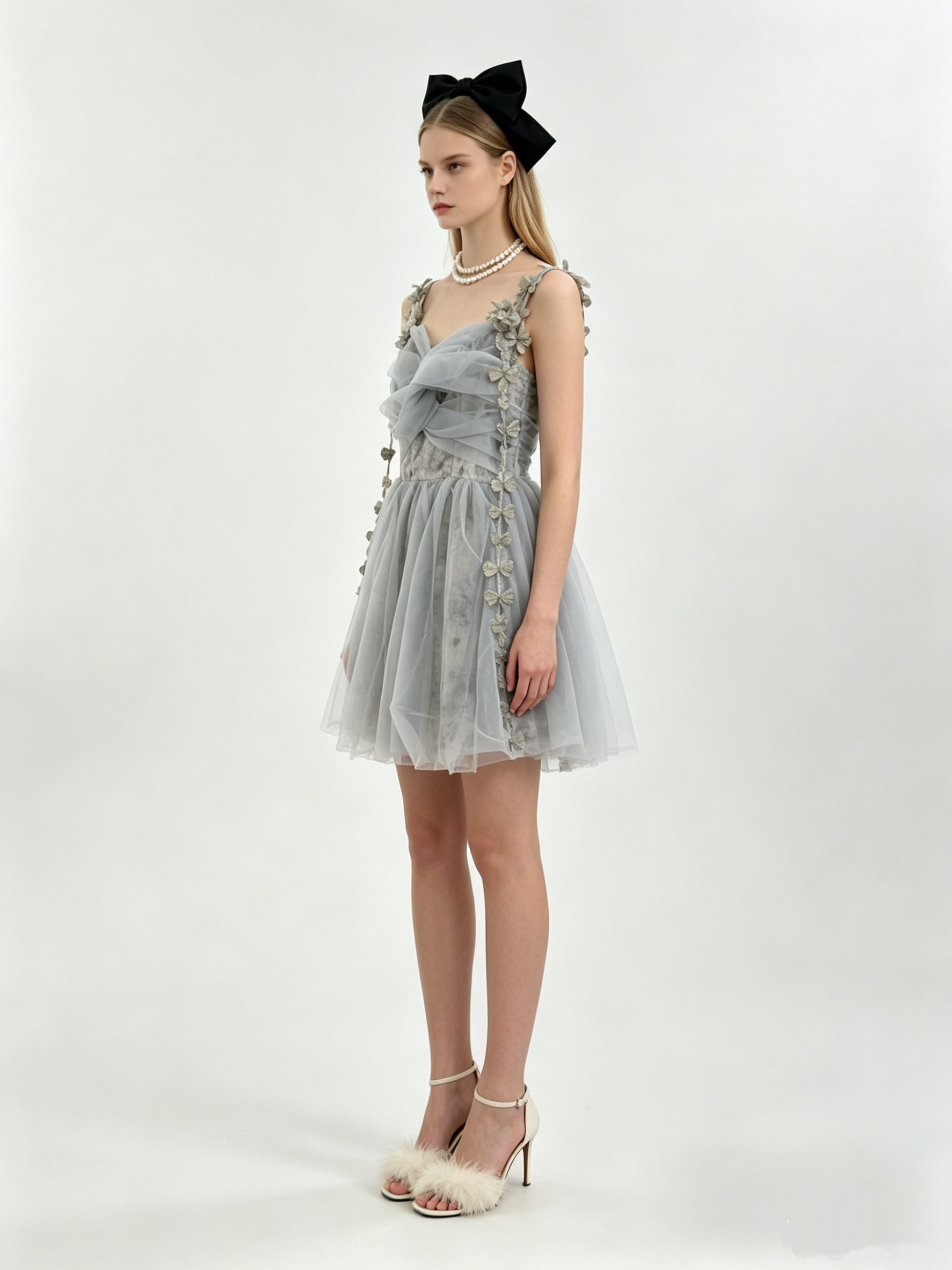 Dusty Blue 3D Floral Appliqué Ruched Bodice Tulle Mini Dress