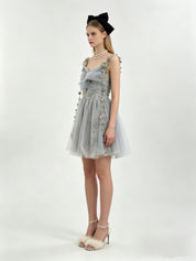 Dusty Blue 3D Floral Appliqué Ruched Bodice Tulle Mini Dress