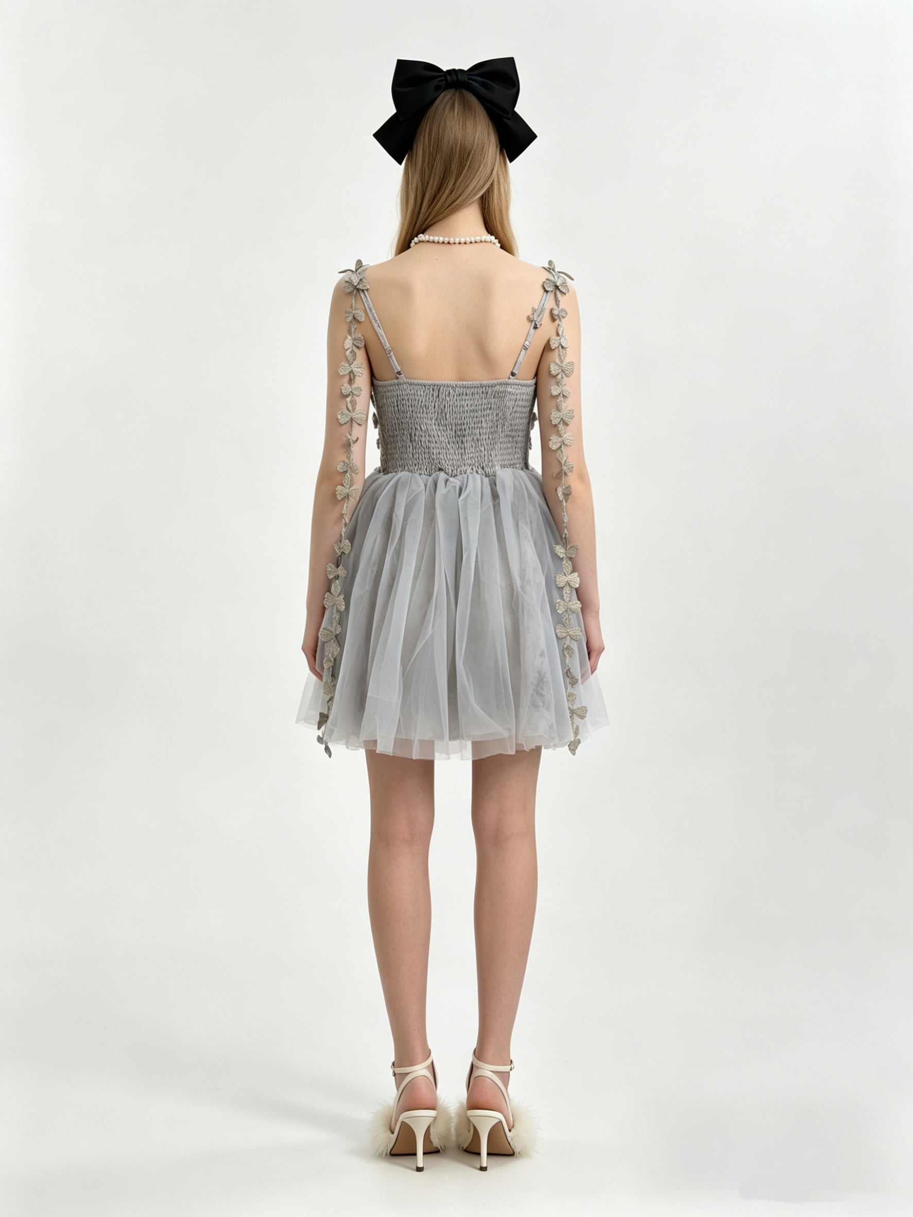 Dusty Blue 3D Floral Appliqué Ruched Bodice Tulle Mini Dress