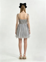Dusty Blue 3D Floral Appliqué Ruched Bodice Tulle Mini Dress