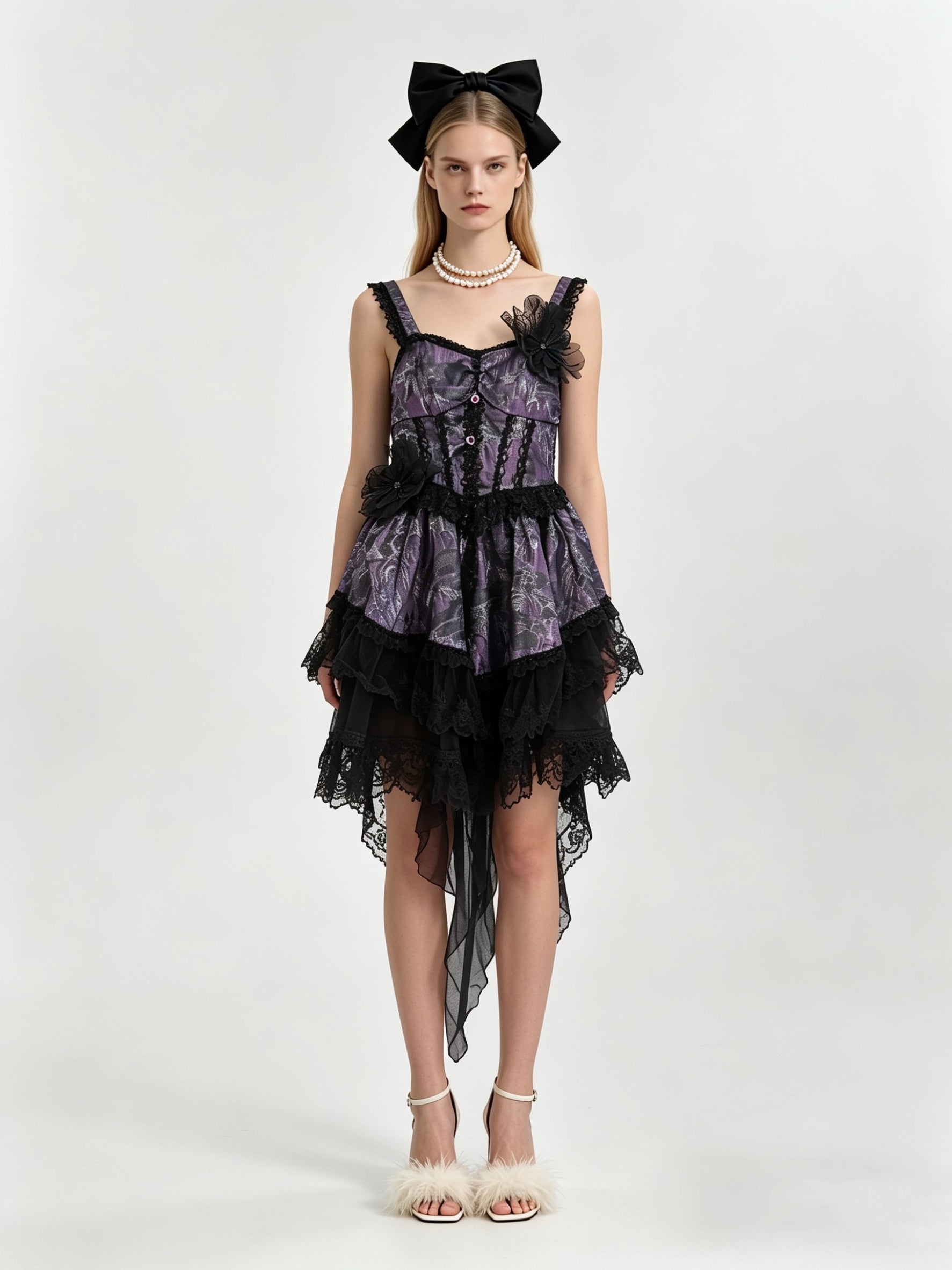 Gothic Lolita Jacquard Corset Tiered Lace Hi-Lo Mini Dress