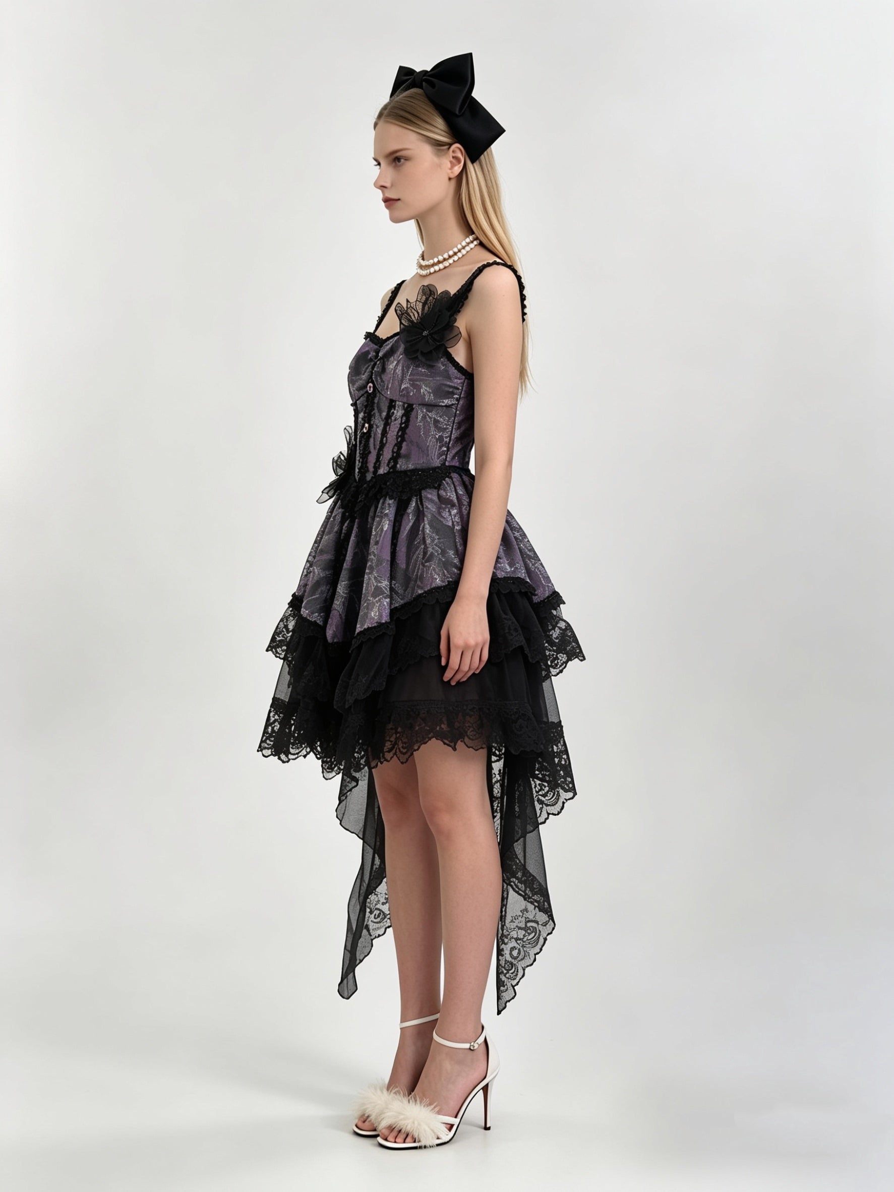 Gothic Lolita Jacquard Corset Tiered Lace Hi-Lo Mini Dress