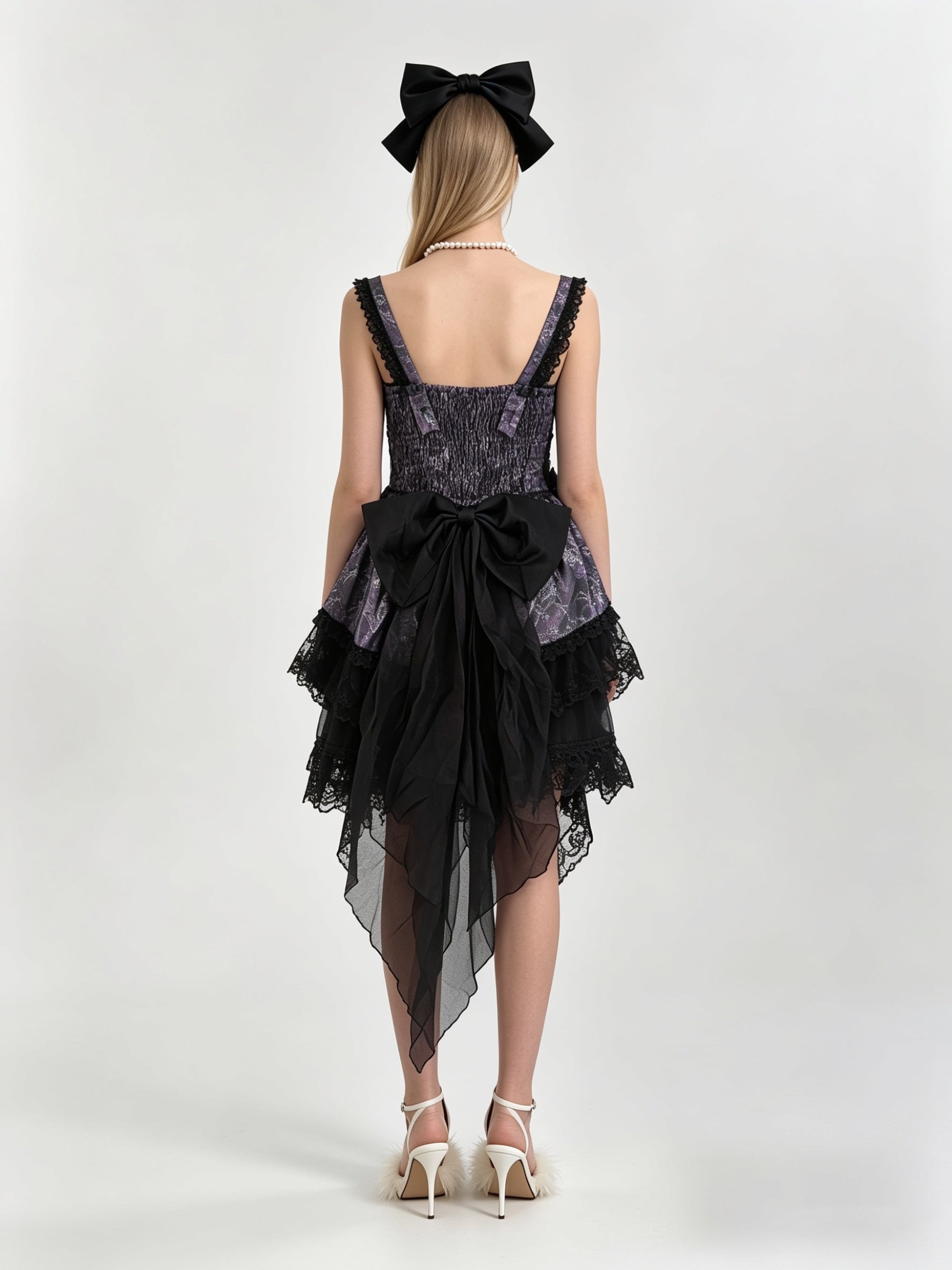 Gothic Lolita Jacquard Corset Tiered Lace Hi-Lo Mini Dress