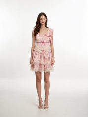 Lolita Floral Lace Tiered Tulle Mini Dress with Rose Corsage