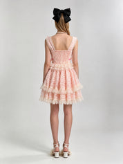 Lolita Floral Lace Tiered Tulle Mini Dress with Rose Corsage