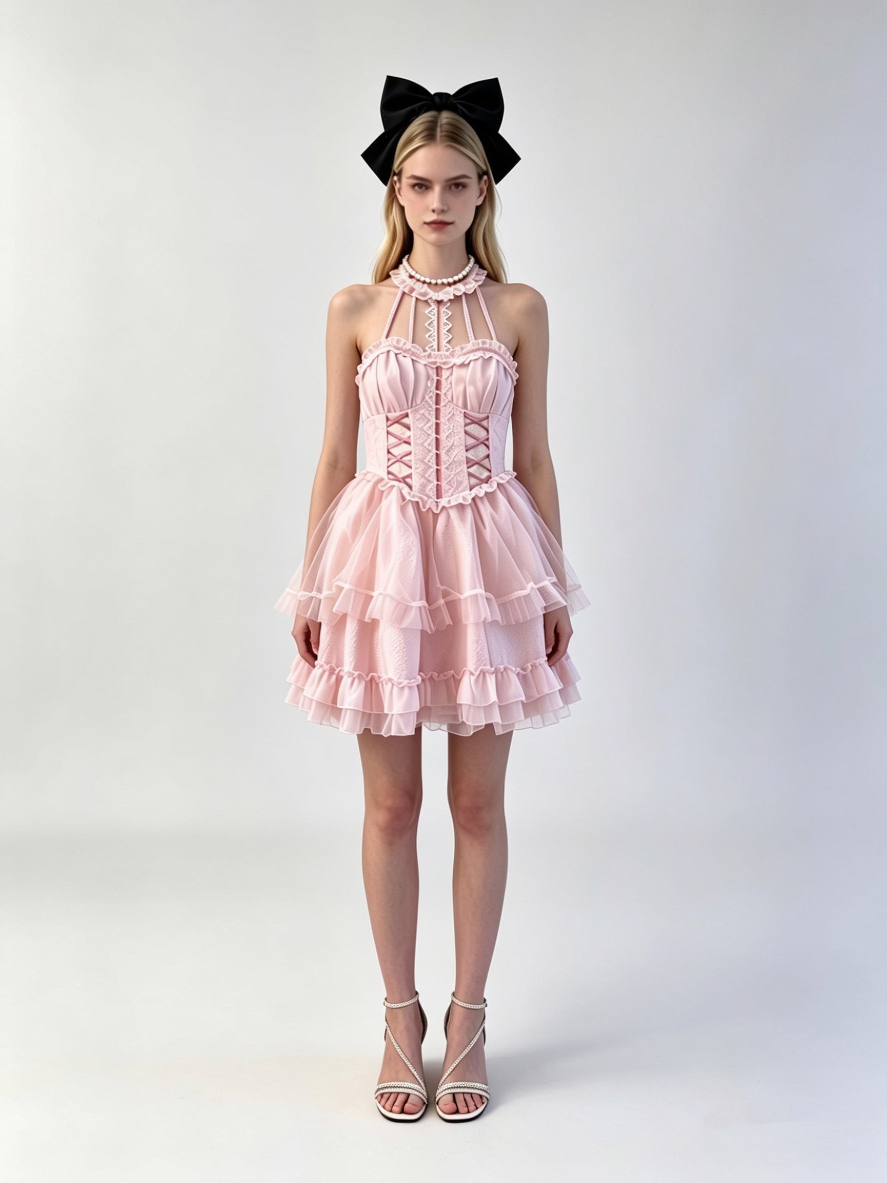 Halter Cross-Lace Corset Tiered Tulle Mini Dress