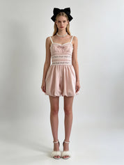 Blush Pink Satin Lace Insert Bow Bubble Mini Dress