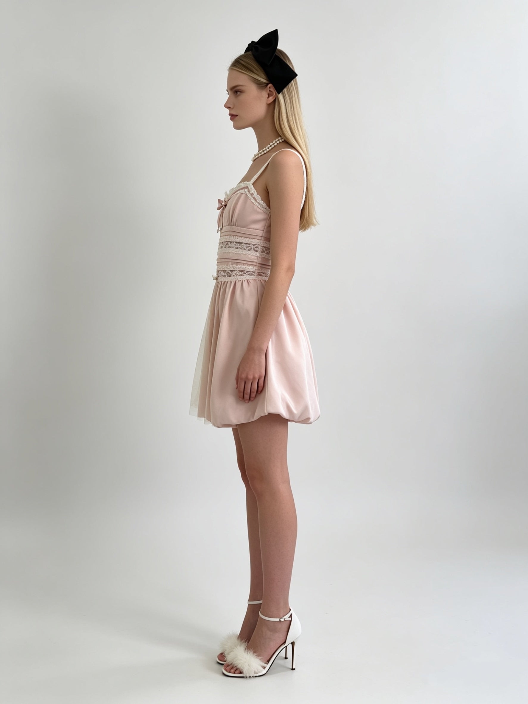 Blush Pink Satin Lace Insert Bow Bubble Mini Dress