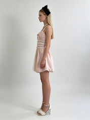 Blush Pink Satin Lace Insert Bow Bubble Mini Dress