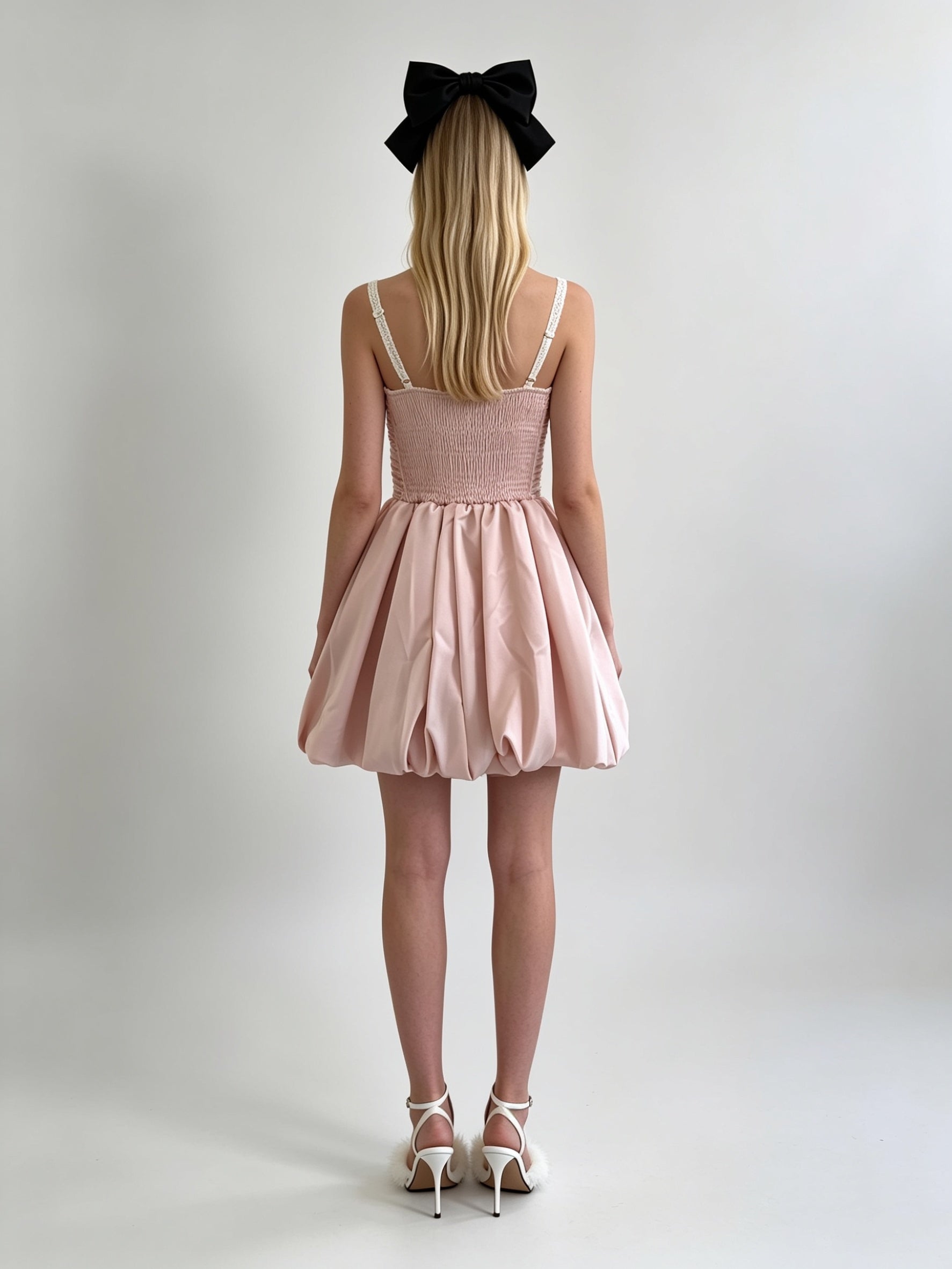Blush Pink Satin Lace Insert Bow Bubble Mini Dress