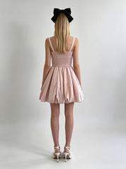 Blush Pink Satin Lace Insert Bow Bubble Mini Dress