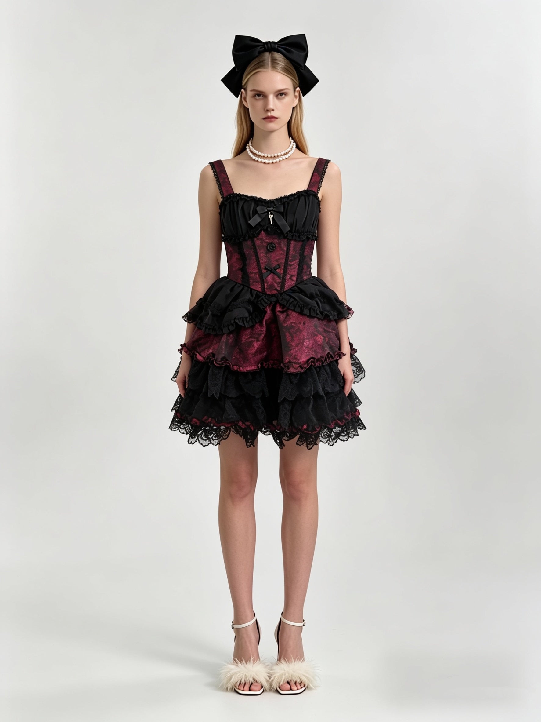 Burgundy Jacquard Black Lace Tiered Ruffle Corset Mini Dress