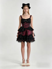Burgundy Jacquard Black Lace Tiered Ruffle Corset Mini Dress