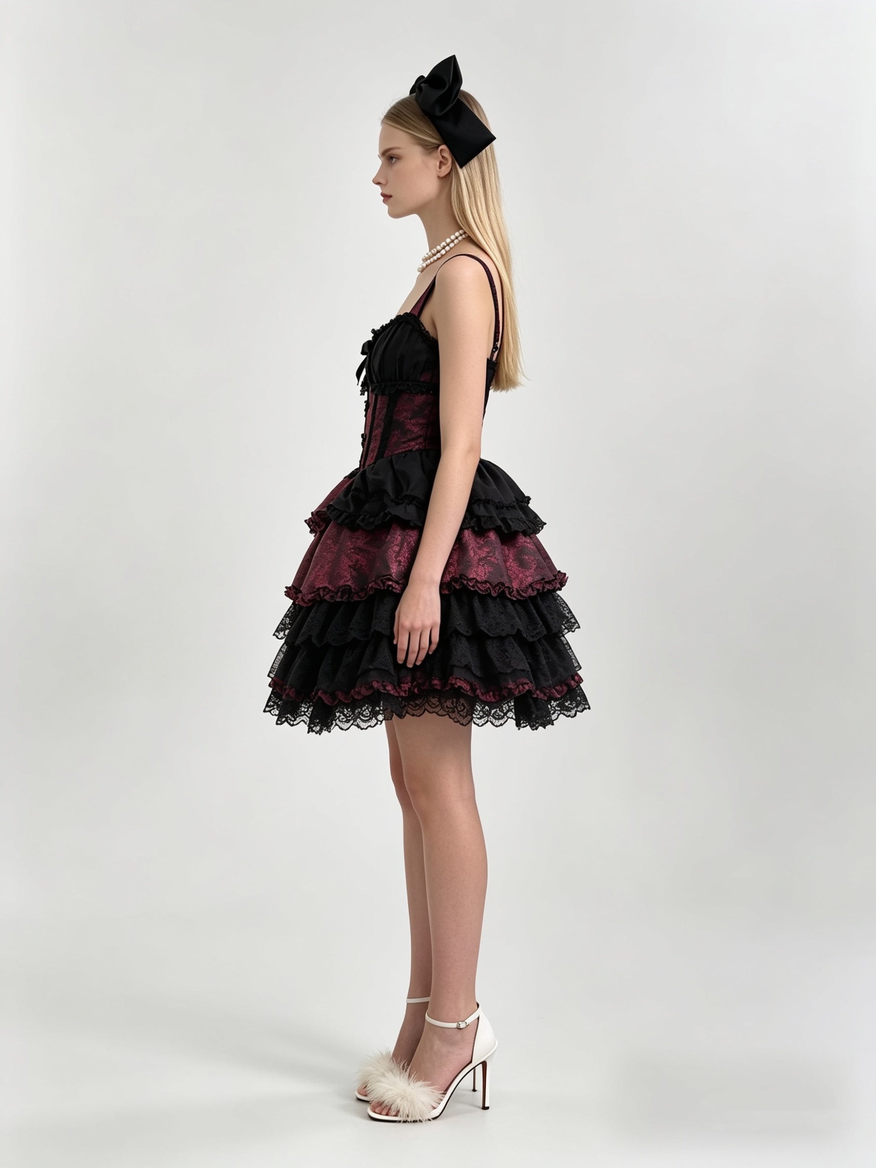 Burgundy Jacquard Black Lace Tiered Ruffle Corset Mini Dress