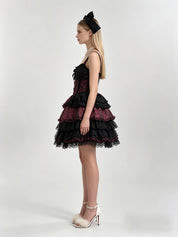 Burgundy Jacquard Black Lace Tiered Ruffle Corset Mini Dress