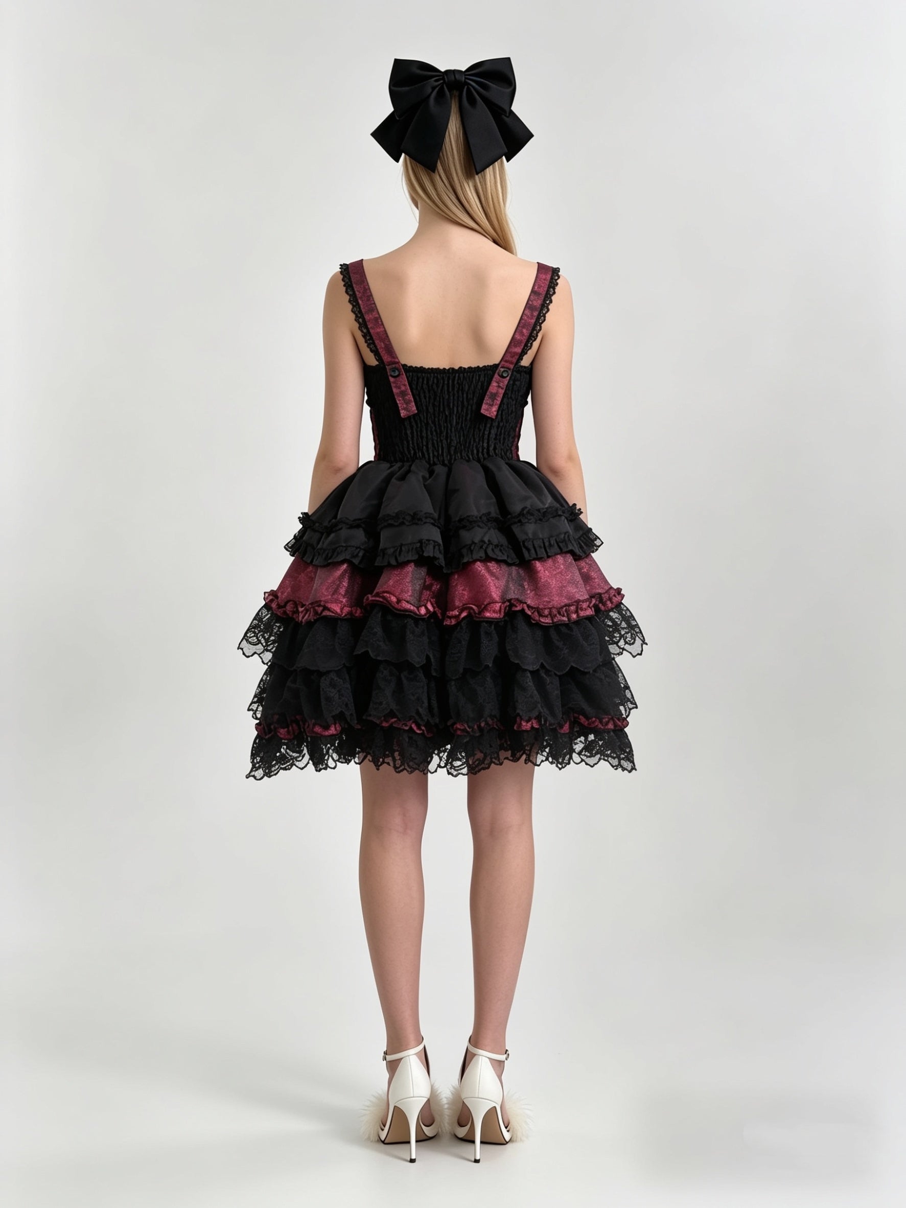 Burgundy Jacquard Black Lace Tiered Ruffle Corset Mini Dress