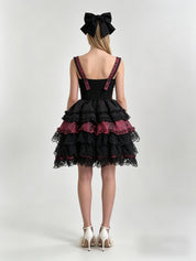 Burgundy Jacquard Black Lace Tiered Ruffle Corset Mini Dress