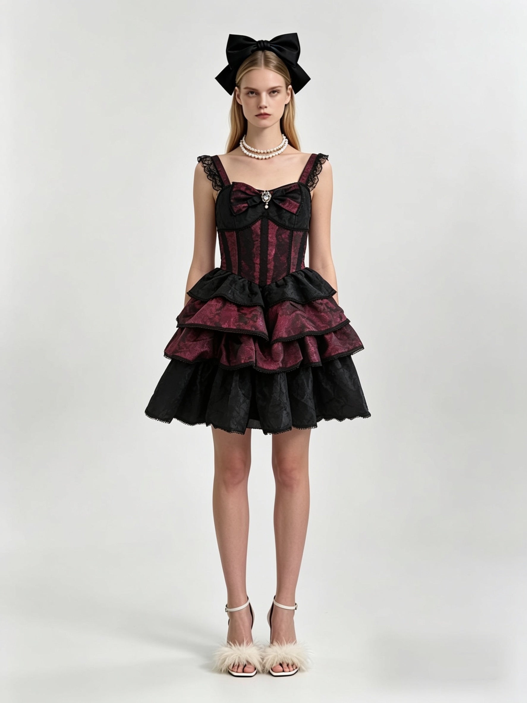 Burgundy Jacquard Boned Corset Jewel Bow Tiered Ruffle Mini Dress