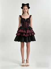 Burgundy Jacquard Boned Corset Jewel Bow Tiered Ruffle Mini Dress