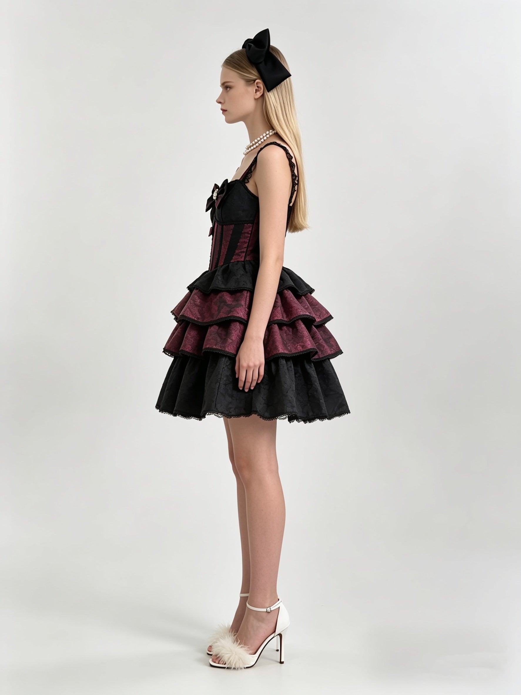 Burgundy Jacquard Boned Corset Jewel Bow Tiered Ruffle Mini Dress