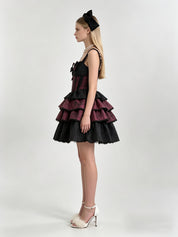 Burgundy Jacquard Boned Corset Jewel Bow Tiered Ruffle Mini Dress