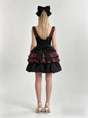 Burgundy Jacquard Boned Corset Jewel Bow Tiered Ruffle Mini Dress