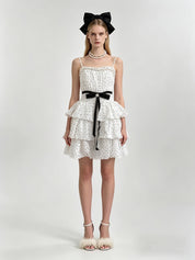 Ivory Polka Dot Pearl Trim Black Velvet Bow Belt Tiered Ruffle Mini Dress