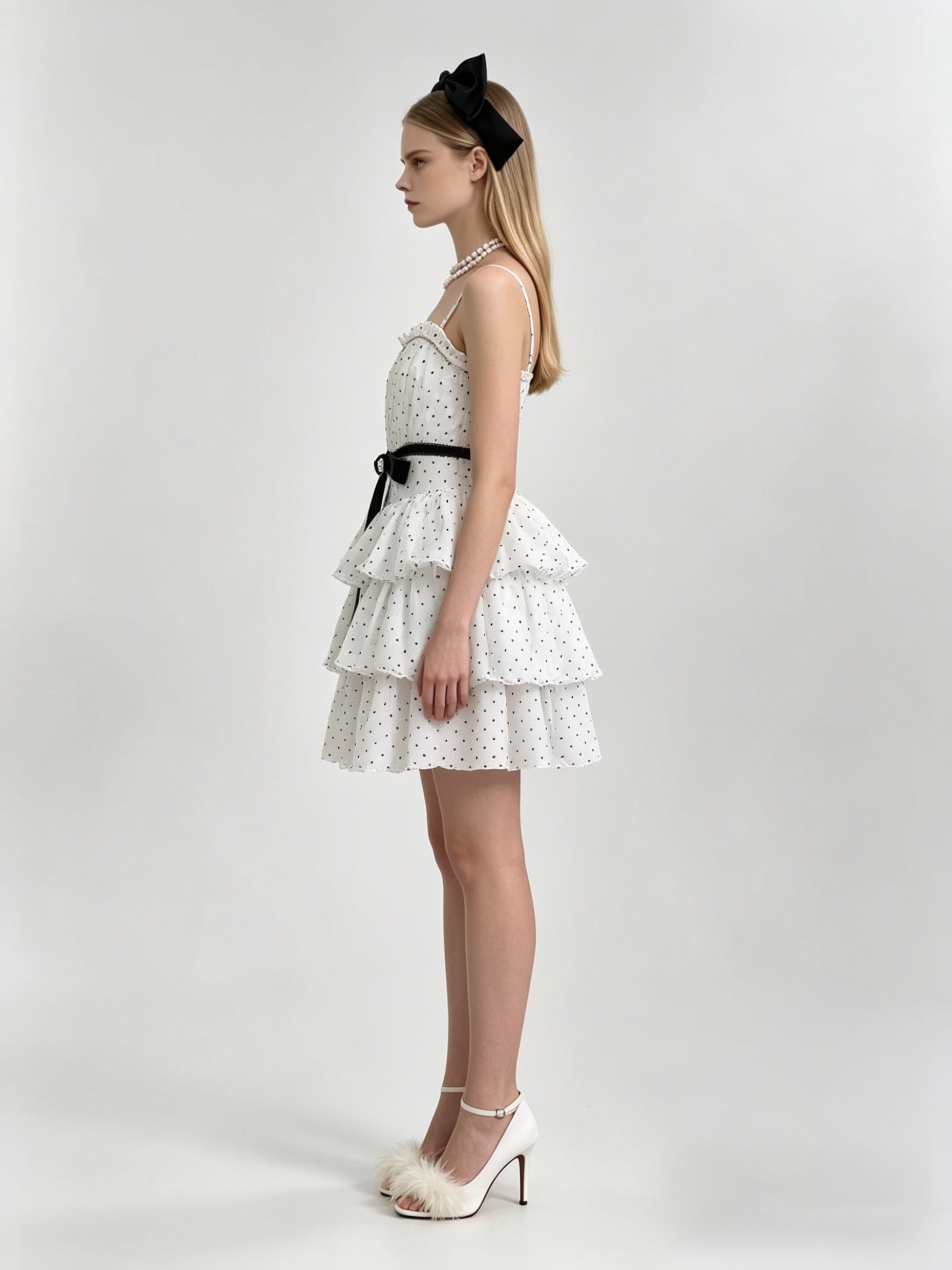 Ivory Polka Dot Pearl Trim Black Velvet Bow Belt Tiered Ruffle Mini Dress