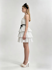 Ivory Polka Dot Pearl Trim Black Velvet Bow Belt Tiered Ruffle Mini Dress