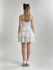 Ivory Polka Dot Pearl Trim Black Velvet Bow Belt Tiered Ruffle Mini Dress