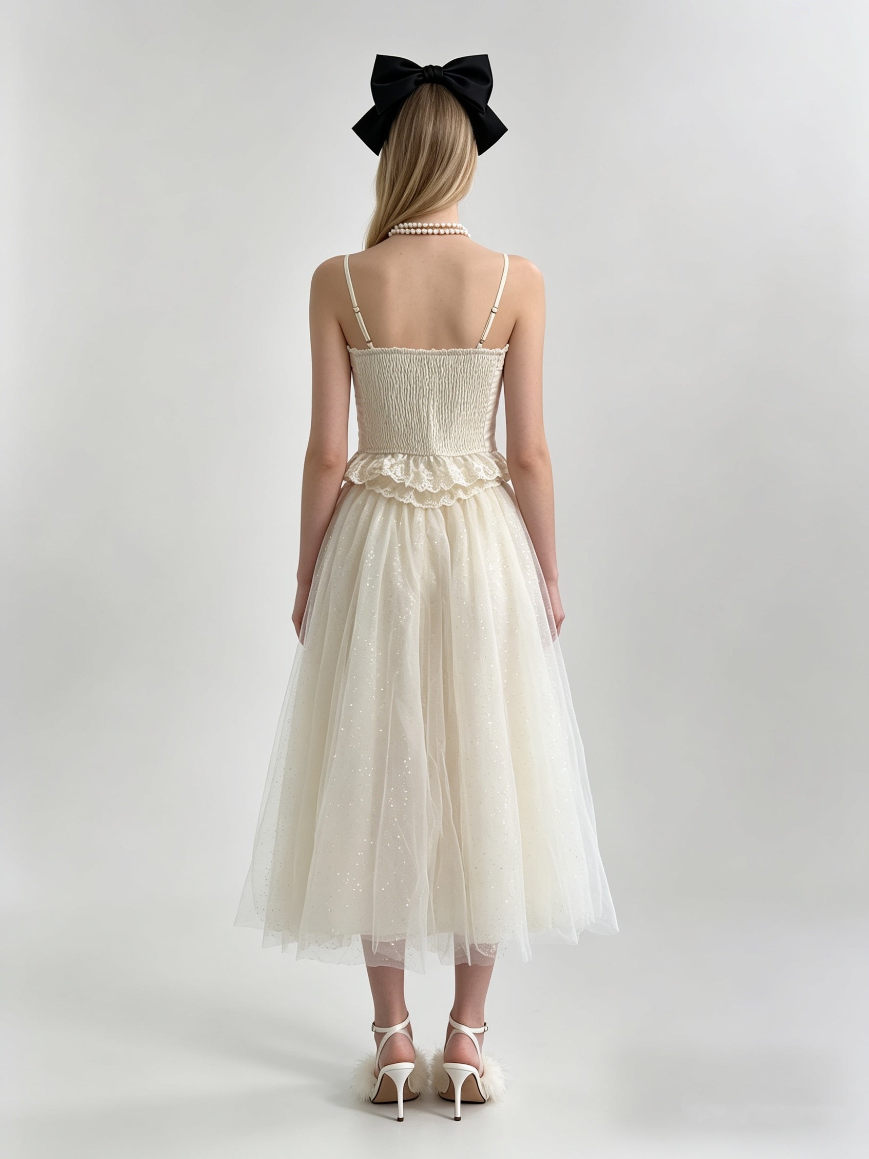 Scallop Lace Bow Corset Top & Glitter Tulle Midi Skirt Set