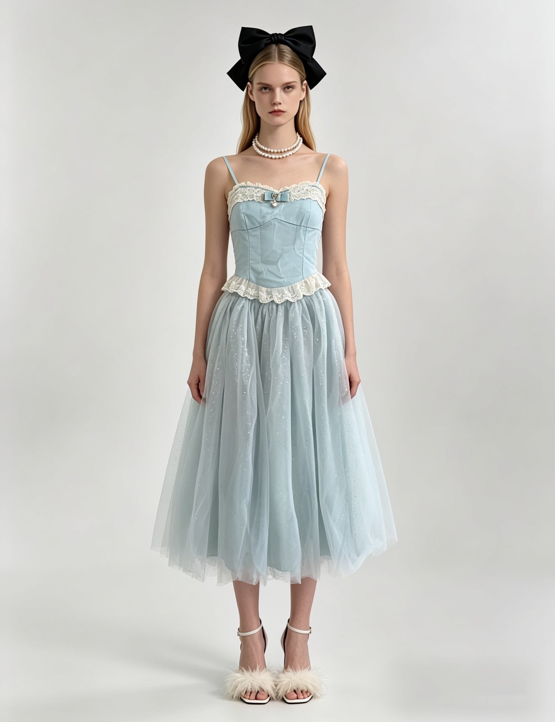 Scallop Lace Bow Corset Top & Glitter Tulle Midi Skirt Set