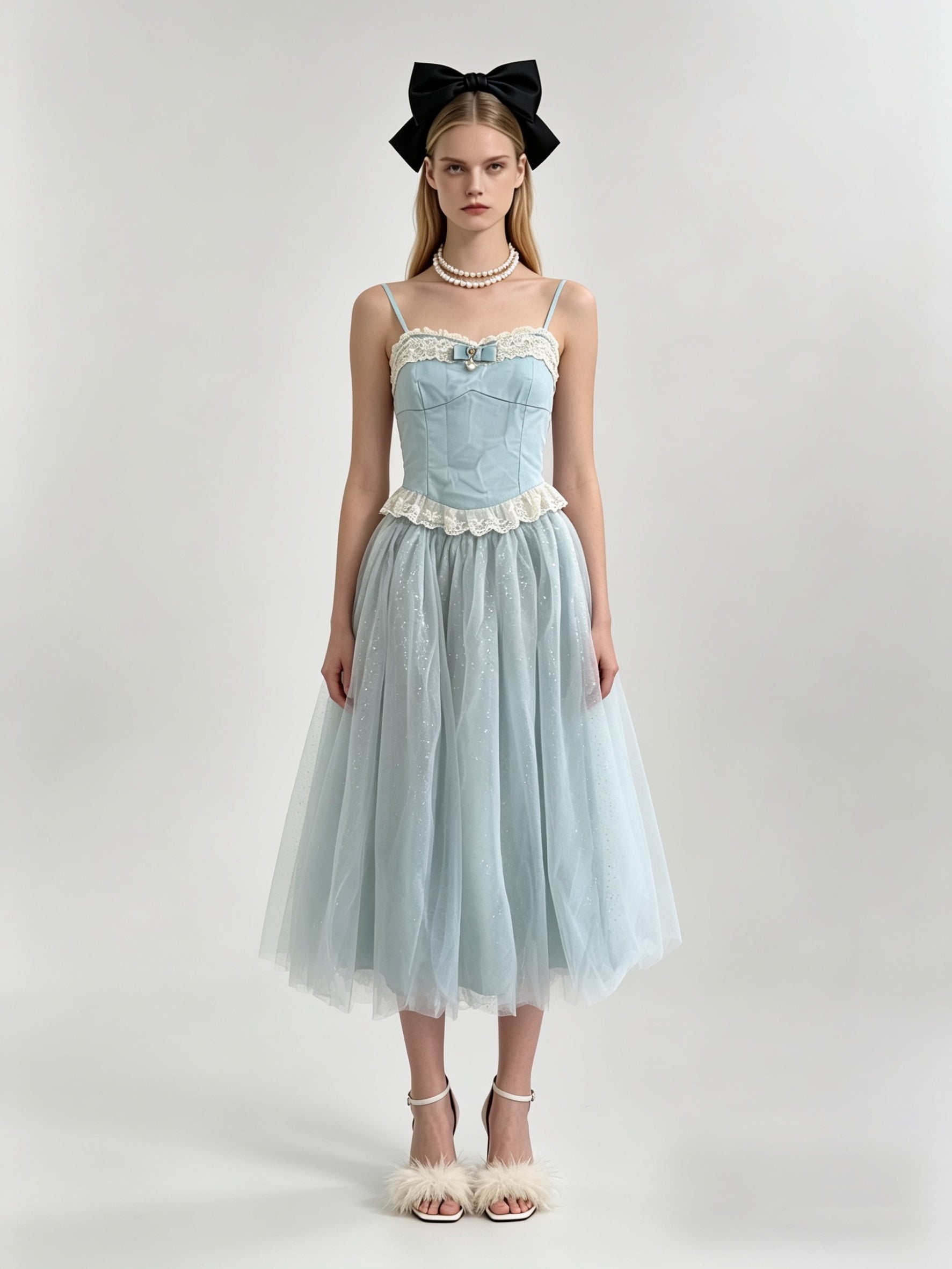 Scallop Lace Bow Corset Top & Glitter Tulle Midi Skirt Set