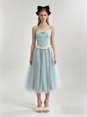 Scallop Lace Bow Corset Top & Glitter Tulle Midi Skirt Set