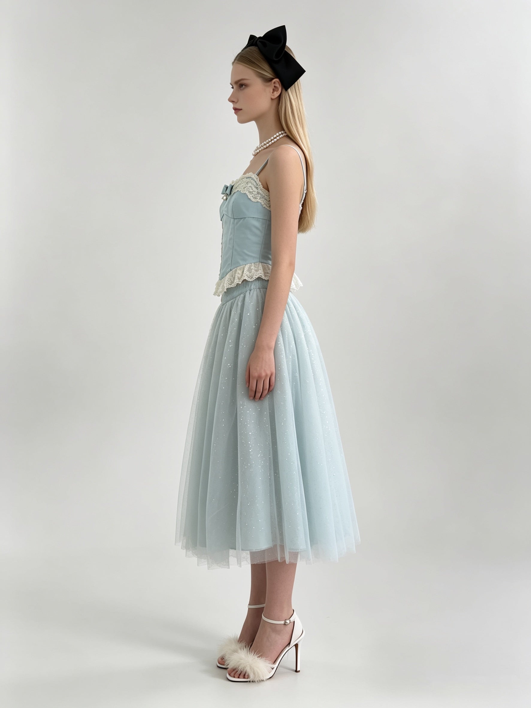 Scallop Lace Bow Corset Top & Glitter Tulle Midi Skirt Set