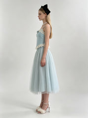 Scallop Lace Bow Corset Top & Glitter Tulle Midi Skirt Set