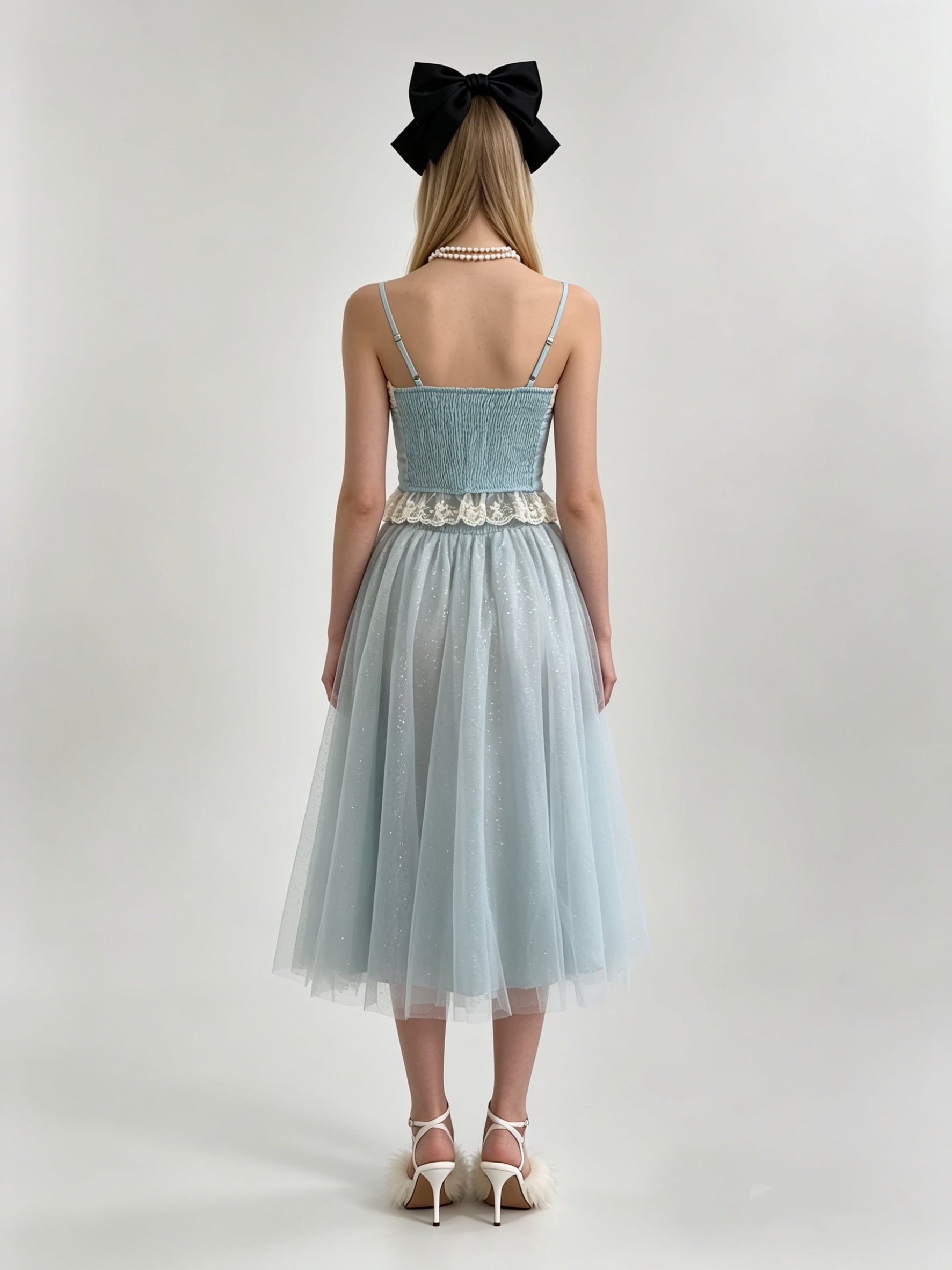 Scallop Lace Bow Corset Top & Glitter Tulle Midi Skirt Set