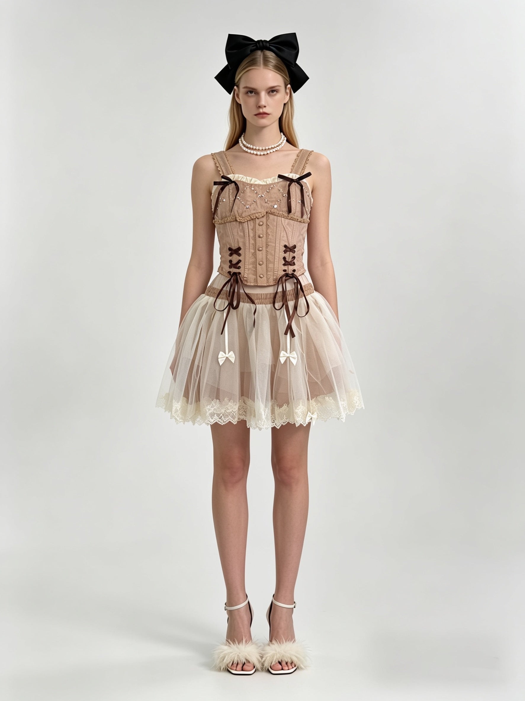 Mocha Pearl Velvet Cross-Lace Corset Top & Ivory Tulle Mini Skirt Set