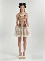 Mocha Pearl Velvet Cross-Lace Corset Top & Ivory Tulle Mini Skirt Set
