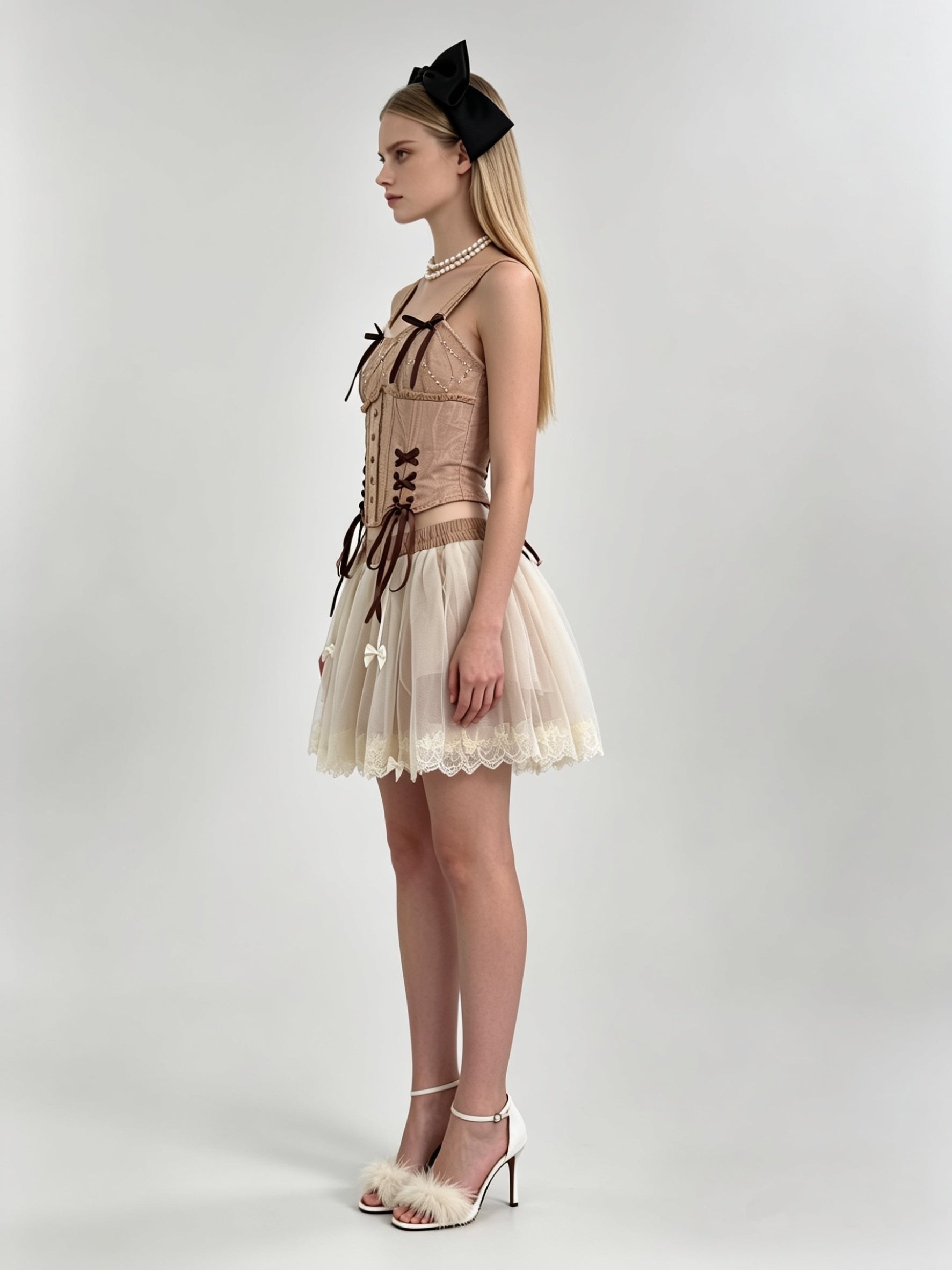 Mocha Pearl Velvet Cross-Lace Corset Top & Ivory Tulle Mini Skirt Set